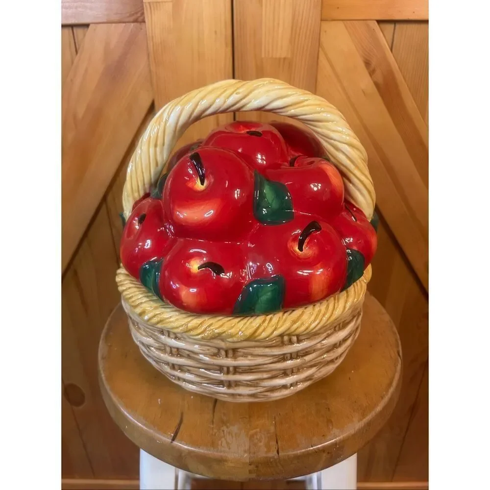 Vtg Ceramic Basket Of Red Apples Cookie Jar Handle Orchard Canister Farm House (